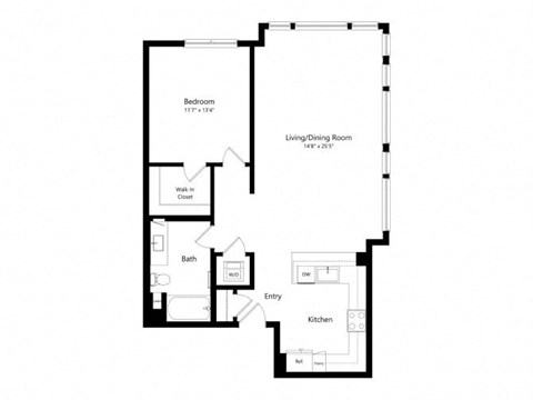 Floor plan for 1 bed, 1 bath, 942 sqft